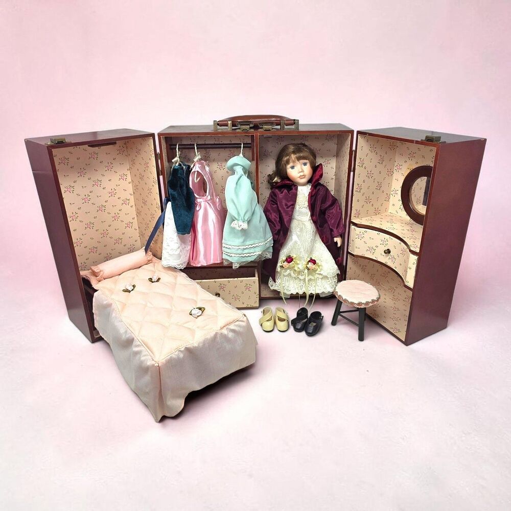 Vintage Cracker Barrel Porcelain Doll Wardrobe Trunk Set Bed Vanity Complete